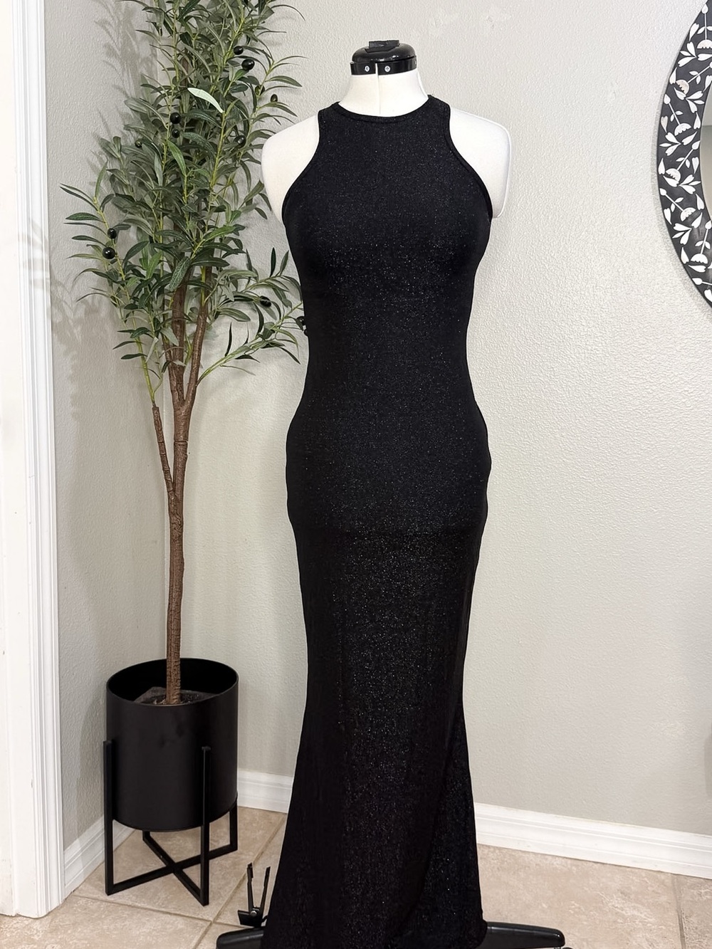 Black Sparkle Halter Maxi Dress with Built in Bra